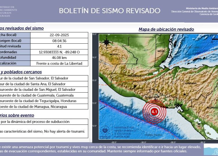 Sismo de magnitud 4.1 frente a la costa de La Libertad reporta el MARN