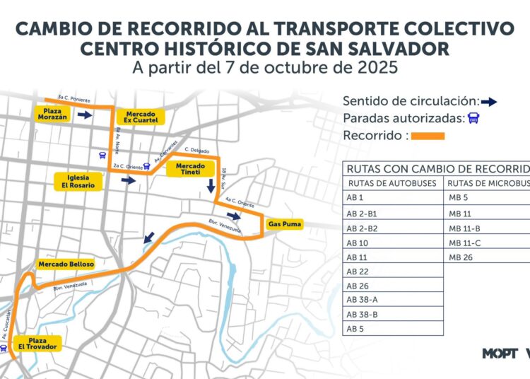 VMT anuncia cambios en recorridos de autobuses y circulación por obras en el Centro Histórico de San Salvador 