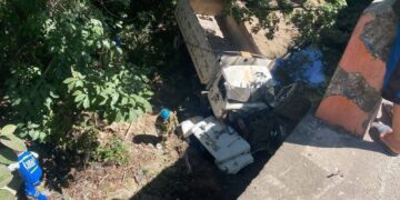 Camión de carga cae a un barranco desde un puente