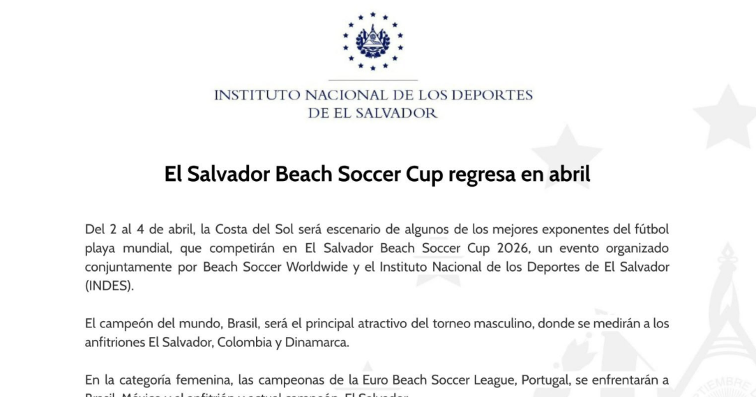 INDES confirma el regreso de El Salvador Beach Soccer Cup
